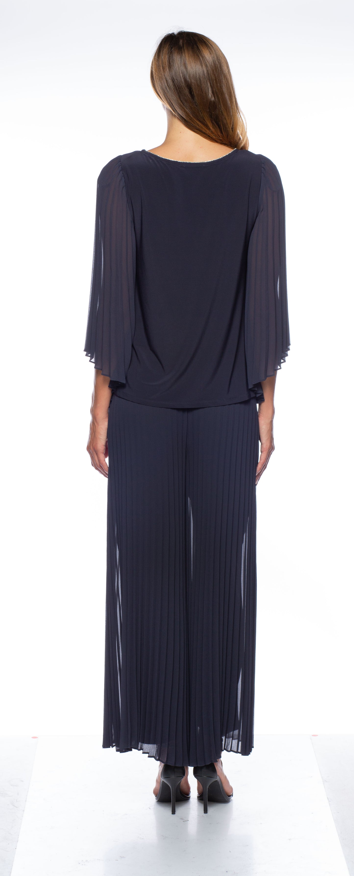 Pleated Chiffon Wing Sleeve Two Piece Pant Set