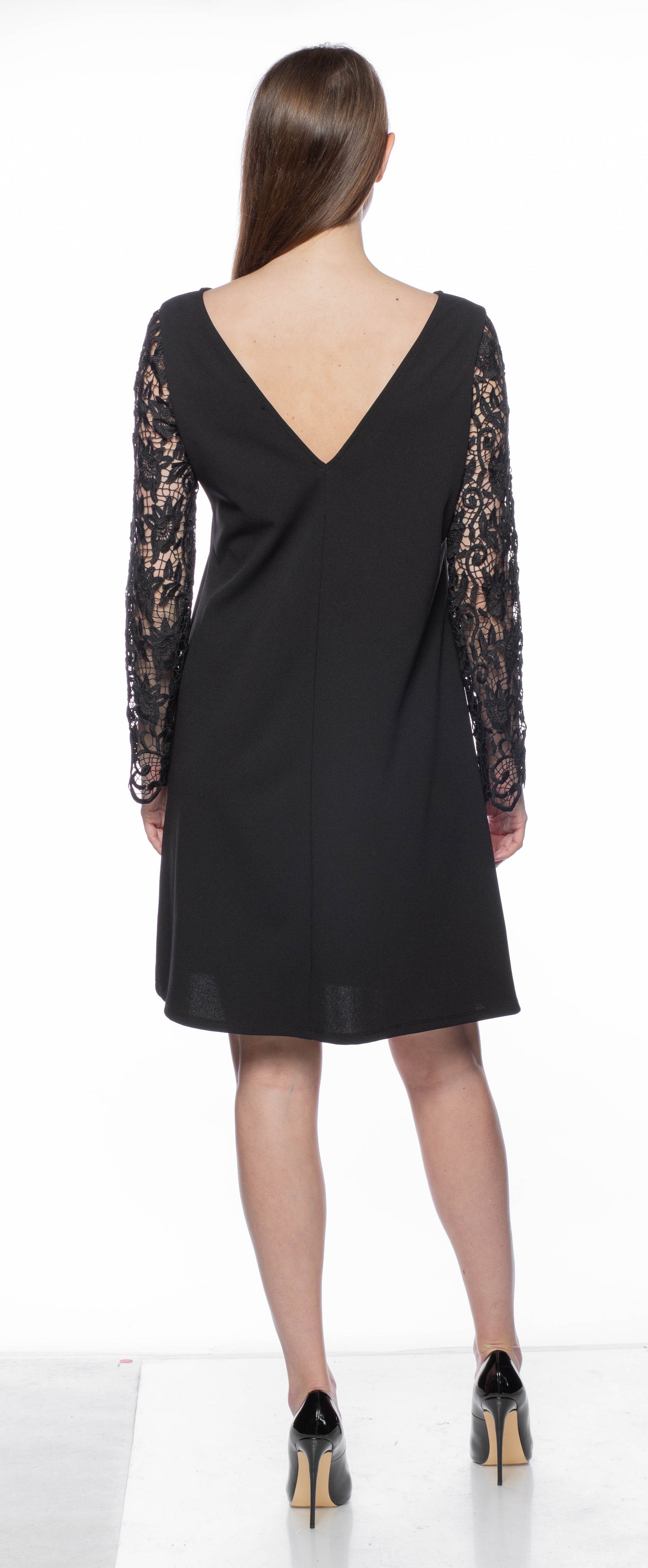 V-BACK LACE SLEEVE A-LINE DRESS