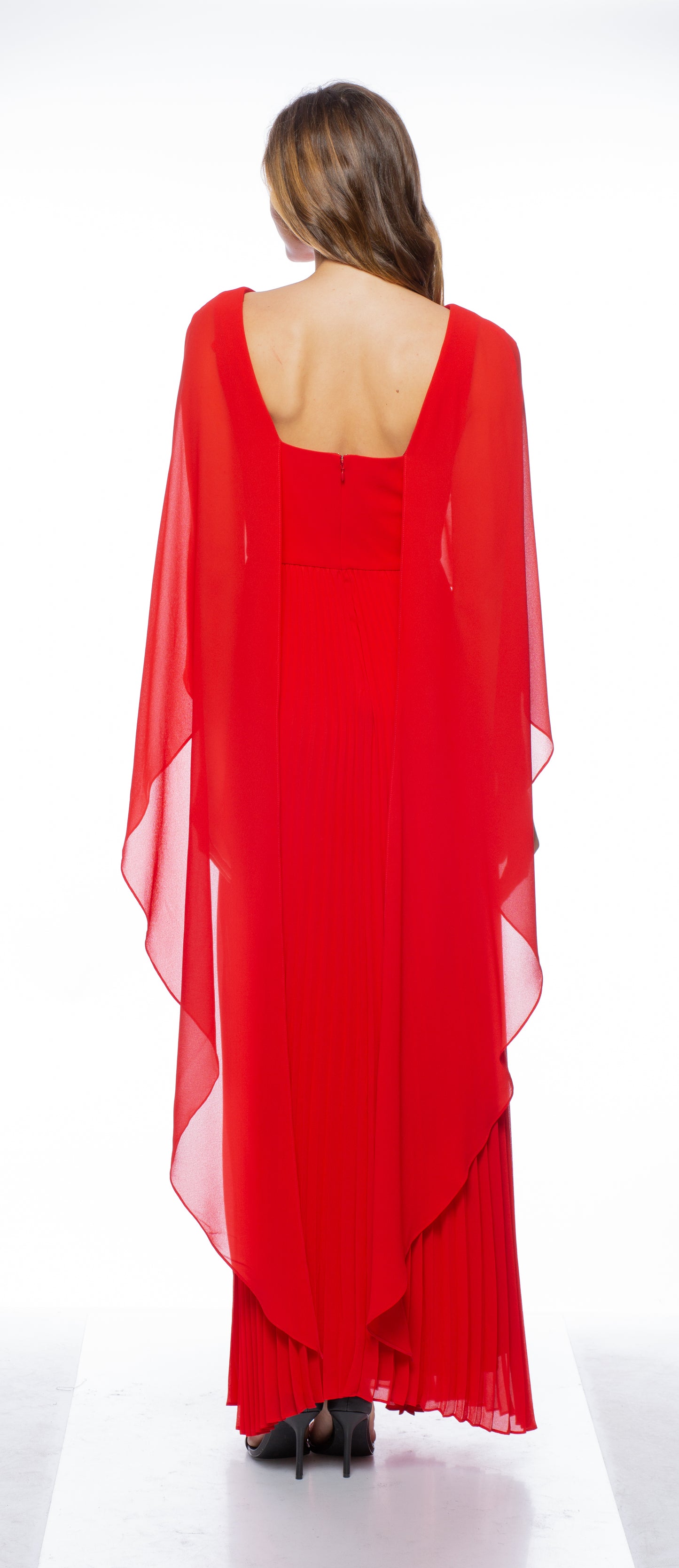 CAPELET PLEATED CHIFFON DRESS