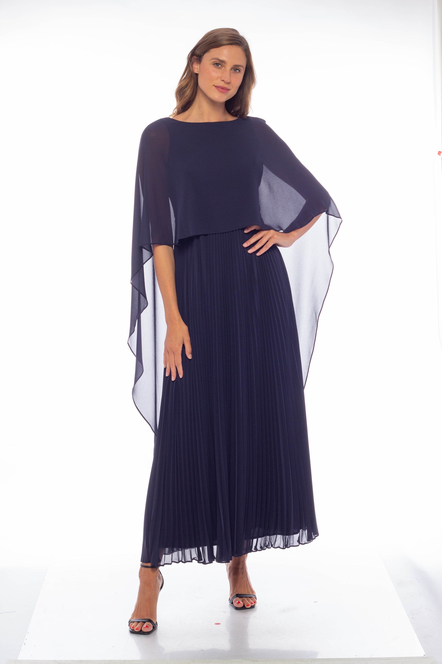 CAPELET PLEATED CHIFFON DRESS